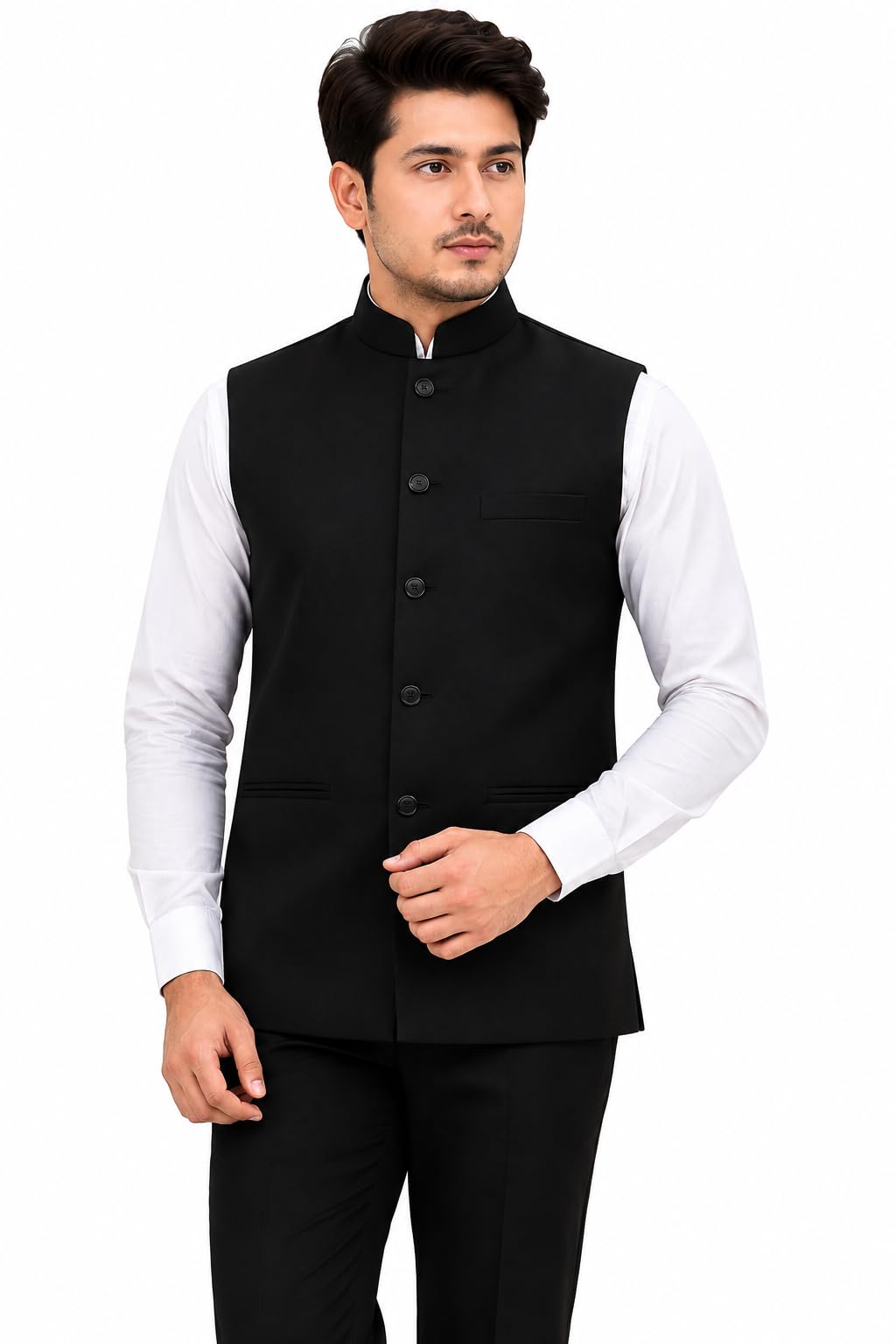 Armani Men's Black Nehru Jacket Solid Mandarin Collar Waistcoat (IN, Alpha, M, Black)-picture-11