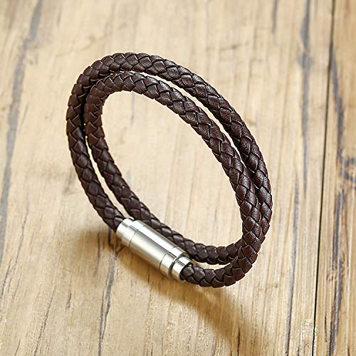 Globi Leather Bracelet For Men | Genuine Wrap Braided Leather Cuff Bangle Bracelet With Magnetic Stainless Steel Clasp For Men/Women (Brown 8”) #TOP5