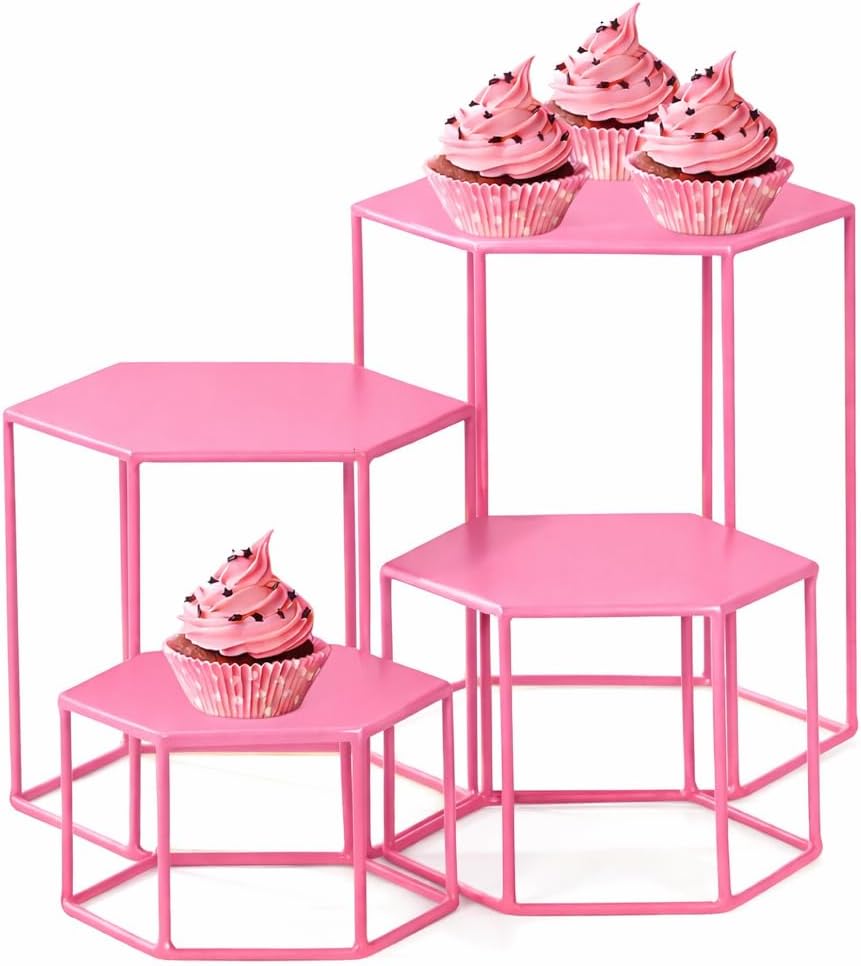 59969 Set of 4 Metal Display Risers, Upgraded Hexagonal Nesting Buffet Riser Set, Modern PINK Buffet Display Stands for Food, Food Display Risers for Buffet Cupcake Small Potted Plants - Medium