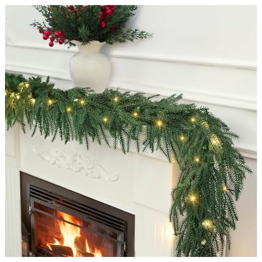 Dapclca 6 ft Norfolk Pine Garlands with Light ，Pre-Lit Christmas Garland,Dense Norfolk Pine Real Touch Garlandfor Table, Mantle, Staires, Wall, Premium Indoor/Outdoor Christmas Decorations