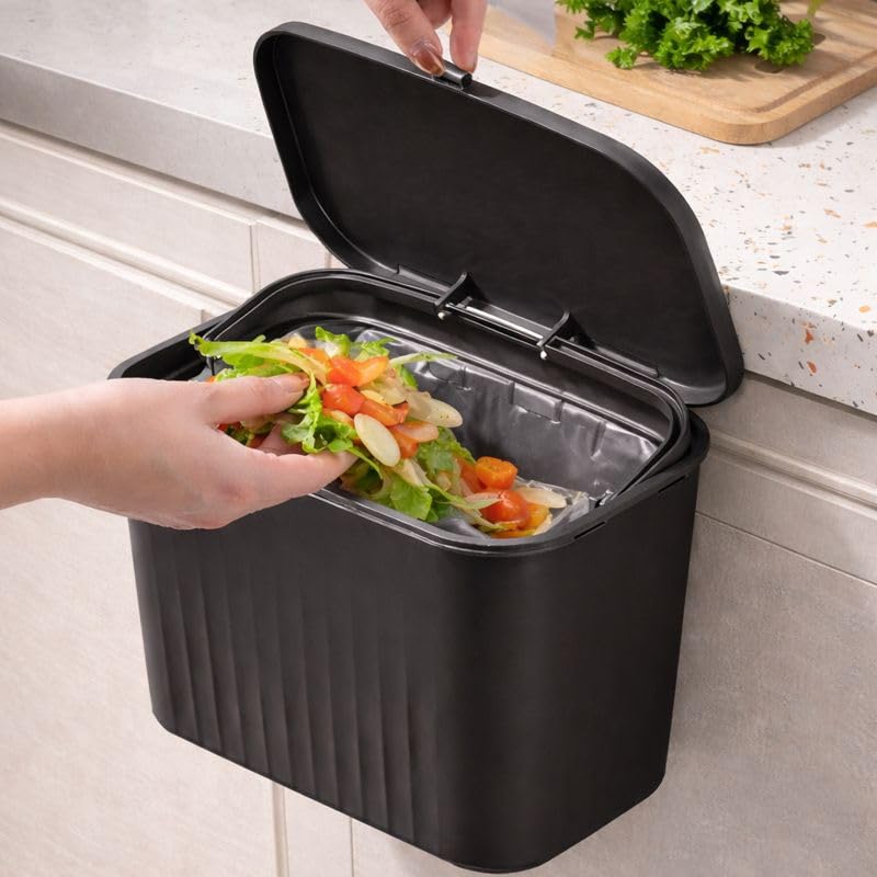 Image of RADIANT 7 Litre Plastic Hanging Kitchen Trash Can With Lid, Double-Sided Open Lid Design, Kitchen Trash Can, Kitchen Cabinet Door Hanging Wall Storage Bucket (with 30 Garbage Bag) (Black)