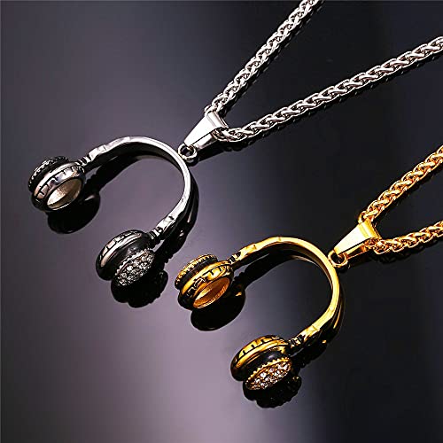 U7 Rock Music Necklace with Adjustable Chain, Stainless Steel 18K Gold Plated Hip Hop Punk Rock Sign Horn/Headphone/Microphone Necklaces for Men Women Teens3
