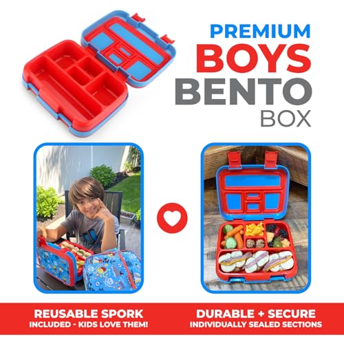 Image of kinsho Bento Lunch Box for Kids Toddlers Boys, 5 Portion Sections Secure Lid, Microwave Safe BPA Free Removable Tray, Pre-School Kid Daycare Lunches Snack Container Ages 3 to 5, Blue Pirates