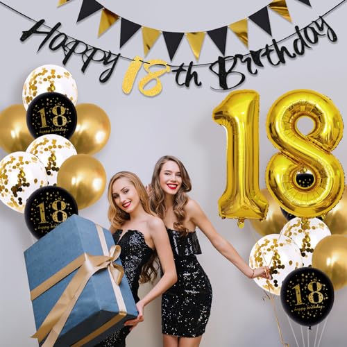 Image of Jobkoo 18th Birthday Decorations, Black Gold 18th Birthday Party Decoration for Boys Girls Golden Black 18th Balloons Cake Topper 18th Banner for 18 Year Old Party Supplies