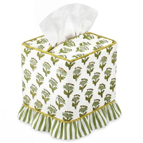 Ferrochef Emerald Green Floral Ruffle Tissue Box Cover Block Printed by Ferrochef - Used condition - US$13.49
