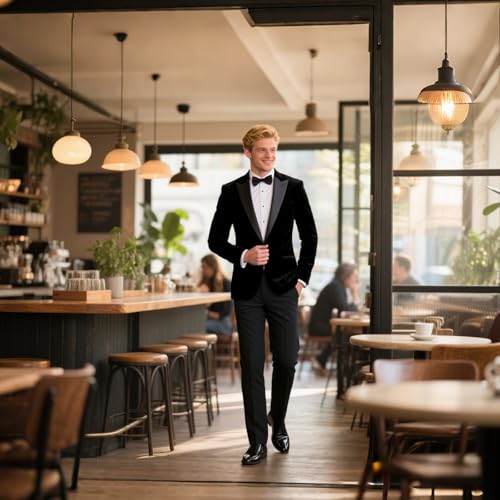 Mens Velvet Suit 2 Pieces Slim Fit Tuxedo Peak Lapel Blazer One Button Formal Jacket Pants for Wedding Prom Dinner2