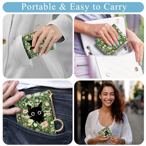 Black Cat Floral Womens Wallet, Small Slim RFID Blocking Card Wallets, Cute Trifold PU Leather Card Holder Wallet Organizer, Mini Pocket Cash Wallet with 7 Card Slots ID Window for Girls Ladies3