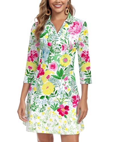 Image of WOWENY 3 /4 Sleeve Dress for Women with Pockets V Neck UPF 50+ Casual Sun Dress Breathable Quick Dry Beach Vacation