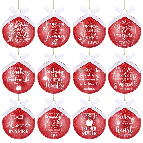 Zhanmai 12 Pcs Teacher Christmas Ornaments Teacher Appreciation Gift Teacher Ball Hanging Ornament for Christmas Tree Thank You Quotes Ball with Ribbons for Xmas Teacher Party Decor, 12 Styles