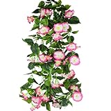 CISDUEO 2 Pcs Artificial Vines Silk Morning Glory Vines for Outdoor 15Feet Hanging Plants Garland Pink Fake Green Plant Morning Glories for Home Decor Wall Fence Stairway Wedding Hanging Baskets
