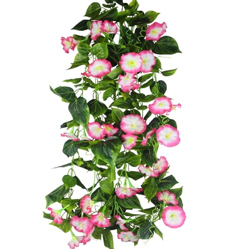 CISDUEO 2 Pcs Artificial Vines Silk Morning Glory Vines for Outdoor 15Feet Hanging Plants Garland Pink Fake Green Plant Morning Glories for Home Decor Wall Fence Stairway Wedding Hanging Baskets