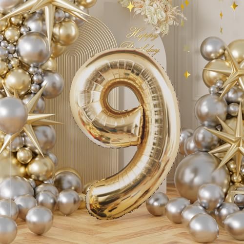 Image of AULE 40 Inch Large 9 Balloon Numbers Light Gold, Big Foil Number Balloons, Giant Helium Happy Birthday Party Decorations for Man and Women, Huge Mylar Anniversary Party Supplies