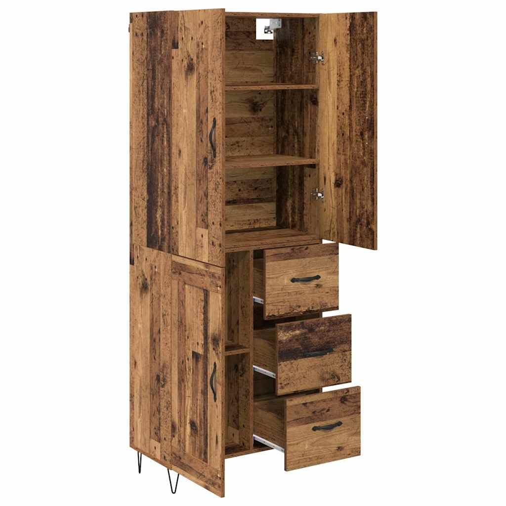 Buffet haut avec 3 tiroirs en bois vieilli, 69,5 x 34 x 180 cm, buffet moderne avec beaucoup d'espace de rangement pour salon, salle à manger, chambre à coucher et couloir, rustique et