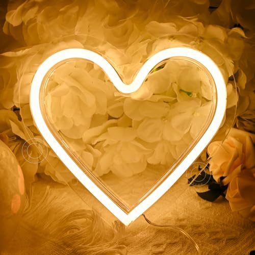 Image of SYLHOME Heart Led Neon Light Sign Battery Operated or USB Powered Bedroom Wedding Wall Sign Decor Valentines Day Christmas Birthday Gifts USB 7.87 inch X 7.28 inch Warm White
