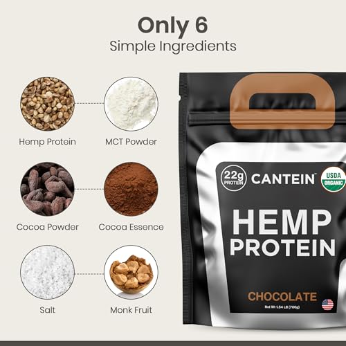 Cantein Organic Hemp Protein, Vegan Protein Powder, Plant Based Protein Powder, Non Dairy Protein, Lactose Free Natural Protein, Gluten Free- 20 Servings, Chocolate