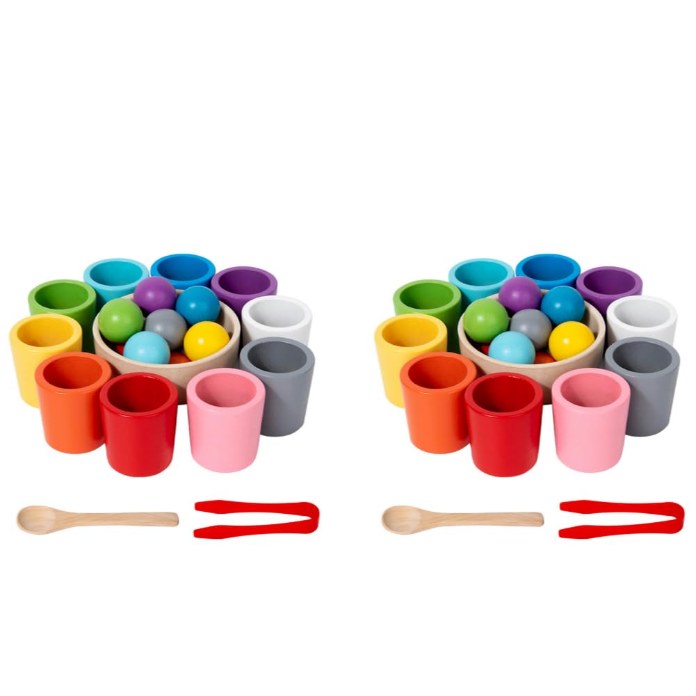 2set Montessori Toys for 3 Year Olds – Rainbow Balls in Cups Toddler Montessori Toys Learning Color Sorting and Counting Wooden Sorting Stacking Toy, for Learning, Colour Sortings Counting