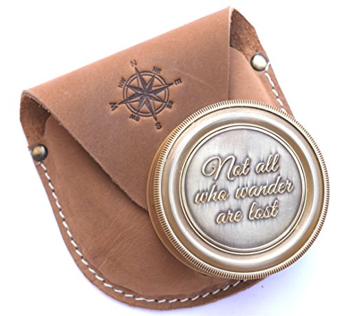 NEOVIVID Not All Who Wander are Lost Engraved Brass Compass with Leather Case, Pirates Compass, Magnetic Navigational Instrument