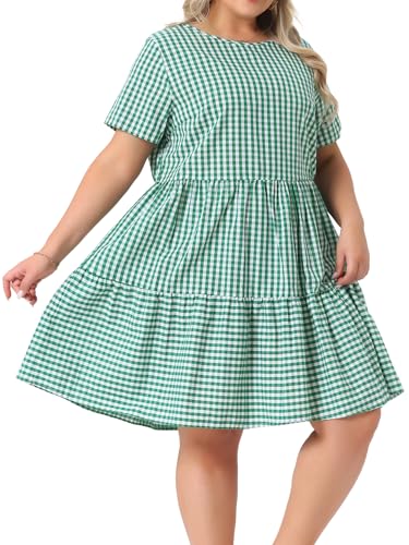 Image of Agnes Orinda Plus Size Gingham Dresses 1950s Vintage Plaid Round Neck Short Sleeve Tiered Midi Summer Dress