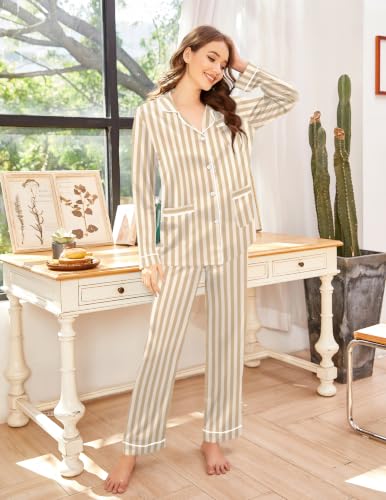 Image of Ekouaer Pajamas for Women Silk Satin Button Down Long Sleeve Pajama Sets