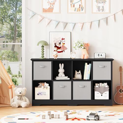 Image of 8 Cube Storage Organizer Shelf, Wood Cubby Storage with 4 Fabric Drawers, 2 Tier Wooden Bookshelf with 2 Adjustable Shelves & Fluted Side Panels for Bedroom, Living Room, Home Office, Black