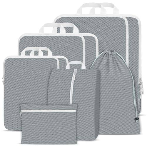 Compression Packing Cubes for Suitcases,Suitcase Organiser Bags,Travel Packing Cubes Compression Set for Backpack,Packing Organisers,Waterproof Travel Organiser Packing Bags (Grey, 9 Pack)