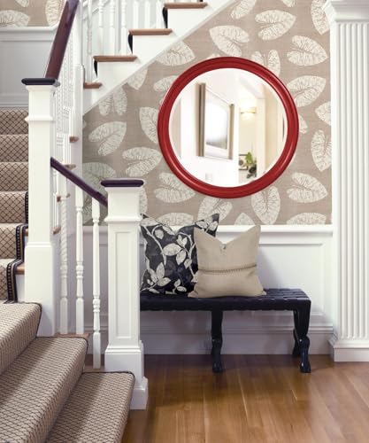 Image of Howard Elliott Collection George Round Glossy Red Wall Mirror, Bevelled Vintage Hanging Wood Framed Vanity Mirrors for Home Decor, Living Room, Bathroom, Bedroom, or Hallway, 36 Inch Round