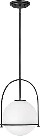Hinkley Somerset Small Pendant Light, Etched Opal Glass Modern Globe Shade, Adjustable Height, Sloped Ceiling Compatible, Vintage-Inspired Metal Yoke Frame, Dry Rated, Black Finish
