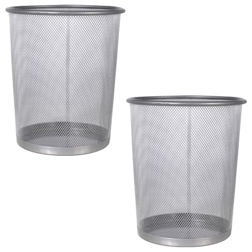 Set of 2 Silver Bin Waste Basket - Wire Mesh Trash Bin for The Office, Bedroom, Bathroom, Lounge, University Dorm Rooms - Modern & Space-Saving Baskets with Solid & Stable Base, Heavy Duty Metal