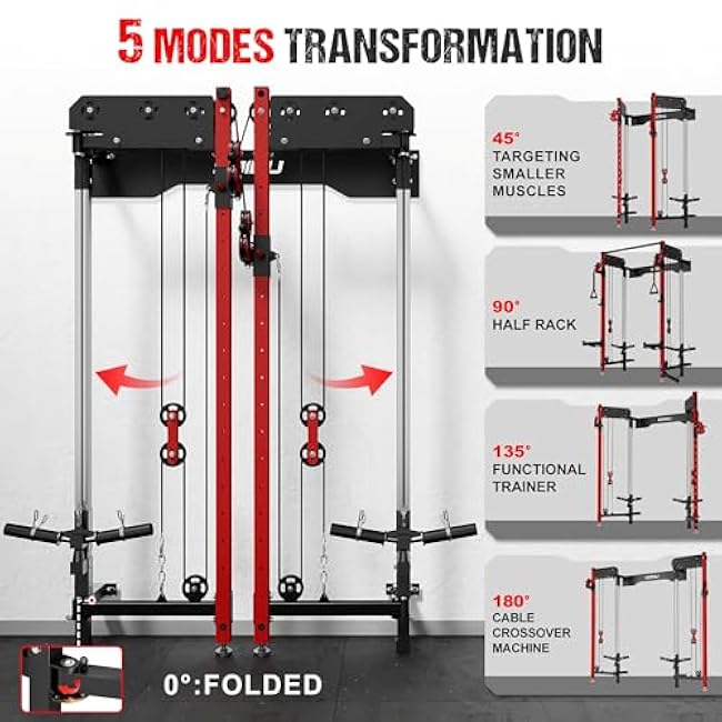 WM3-V4 Folding Squat Rack, Wall Mounted Power Rack with Dual Independent Pulley System, Functional Trainer with 5 Adjustable Function Modes for Space Saving Home Gym