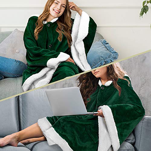 Pavilia Angel Wrap Hooded Blanket, Sherpa Lined Wearable Blanket Women, Cozy Poncho Wrap Throw For Adult, Plush Warm Cape Shawl With Pockets Hood, Gift For Wife Mother, Emerald Green #TOP4