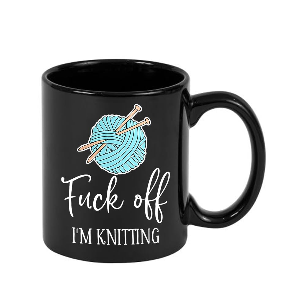 F*ck Off I'm Knitting, Gift for Knitters, Knitting Mug, 11oz Full Coloured Frosted Ceramic Mug. (Black)