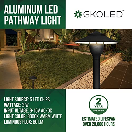 GKOLED 6-Pack Aluminum Pathway Lights, Low Voltage LED Landscape Path Light, 9-15V AC/DC Outdoor Walkway Lighting with 3W 3000K Integrated LED Chips for Yard Lawn, Ground Stake Included, IP68 Rated