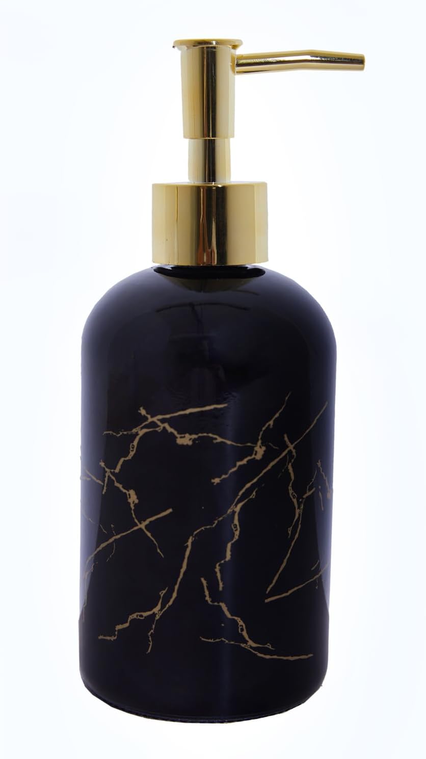 Glass Soap Dispenser with Pump, 12oz Refillable Liquid Dispenser for Dish Soap, Hand Soap, Shampoo, Laundry Soap, Lotion Dispenser, Black Bottles with Gold Coating Pumps