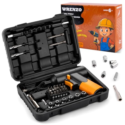 Wrenzo Kids Tool Set Kids Tool Box Small Drill 32pcs Real Toolbox for Child Drill Set with Charger & Portable Case Educational DIY Toys for Boys & Girls