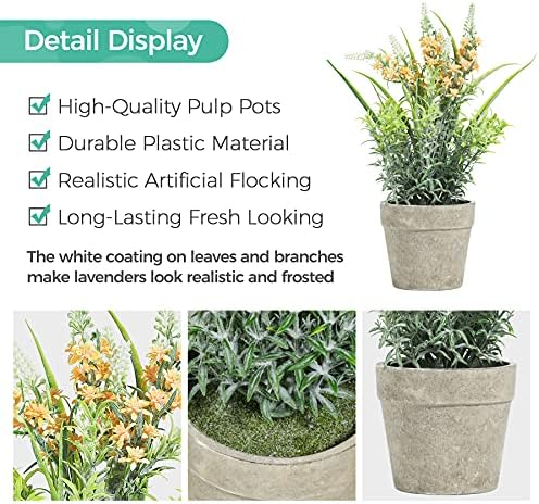 T4U Artificial Lavender Plant in Pot 3 Pack, Artificial Plants Indoor, Small Fake Plants Potted for Home Decor, Faux Lavender Flowers in Grey Pots, Green Bathroom Ornament Desk Decorations