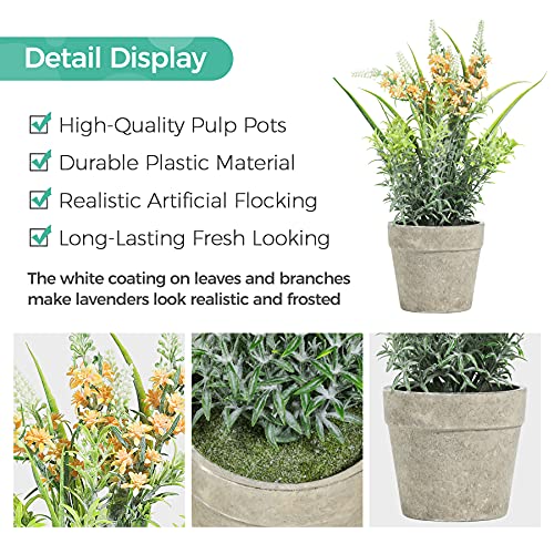 T4U Artificial Lavender Plant in Pot 3 Pack, Artificial Plants Indoor, Small Fake Plants Potted for Home Decor, Faux Lavender Flowers in Grey Pots, Green Bathroom Ornament Desk Decorations