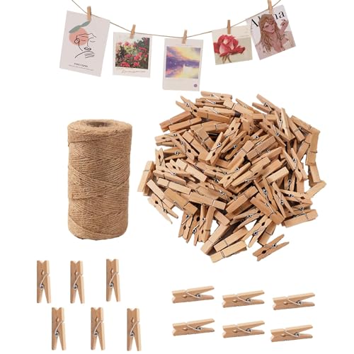 VijarCrea Small Clothes Pins for Photos,100PCS Mini Wooden Clothes Pins with 328 Feet Jute Twine,1.4 inch Tiny Clothes Pins for Photos,Crafts,Hanging Pictures,Baby Shower,Clip Photo Holders