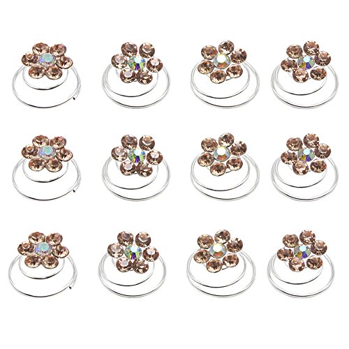 Newstarfactory Rhinestone Studded Collection Flower Spiral Hair Pin Pack of 12 (Champagne)
