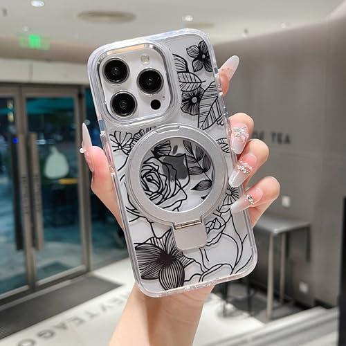 Coque fleurie iPhone 13 Pro Max rose à support pour des appels FaceTime mains libres