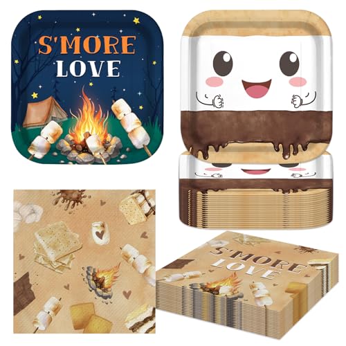 ZPMC 40Pcs S'more Birthday Party Plates and Napkins for 20 Guests Tableware S'mores Camping Supplies for Kids Baby Shower Birthday Party Decorations