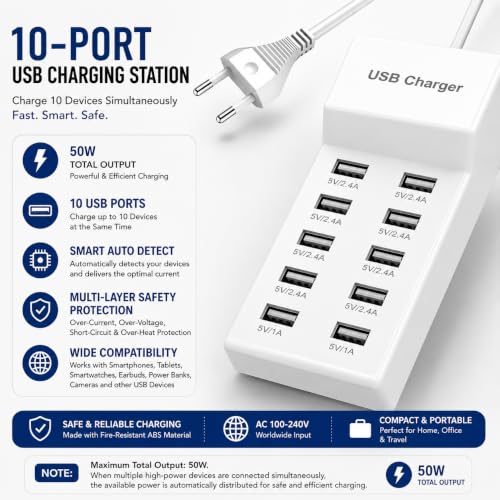 Image of Upix 50W 10-Port USB Charging Station with Smart Auto Detect, Multi-Port Charger Hub, 5V /2.4A Fast Charging for Mobile Phones, Tablets, Smartwatch, Earbuds, Power Bank, AC 100-240V, White