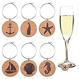 Aylifu 6 Pieces Cork Wine Glass Charms with Different Beach-Themed Patterns, Cork Wine Glass Markers and Tags for Distinguishing Glass
