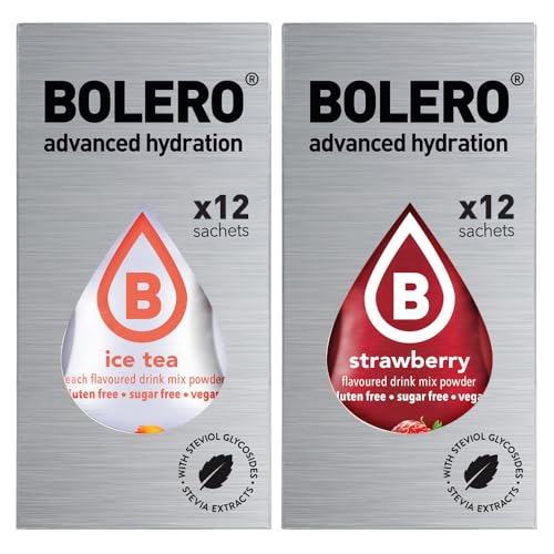 SET 24 BOLERO bustine da 3 grammi 12 Ice Tea Peach Pesca + 12 Strawberry Fragola Preparato istantaneo per Bevande con Stevia e Vitamina C e Senza Zucchero