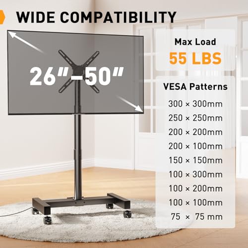 Perlegear Rolling TV Stand with Power Outlet, Tilt & Rotation TV Cart - Ideal for 26-50 Inch TVs up to 55 lbs, Featuring 8 Height Settings, Max VESA 300x300mm, PGTVMC19 - Thumbnail 3