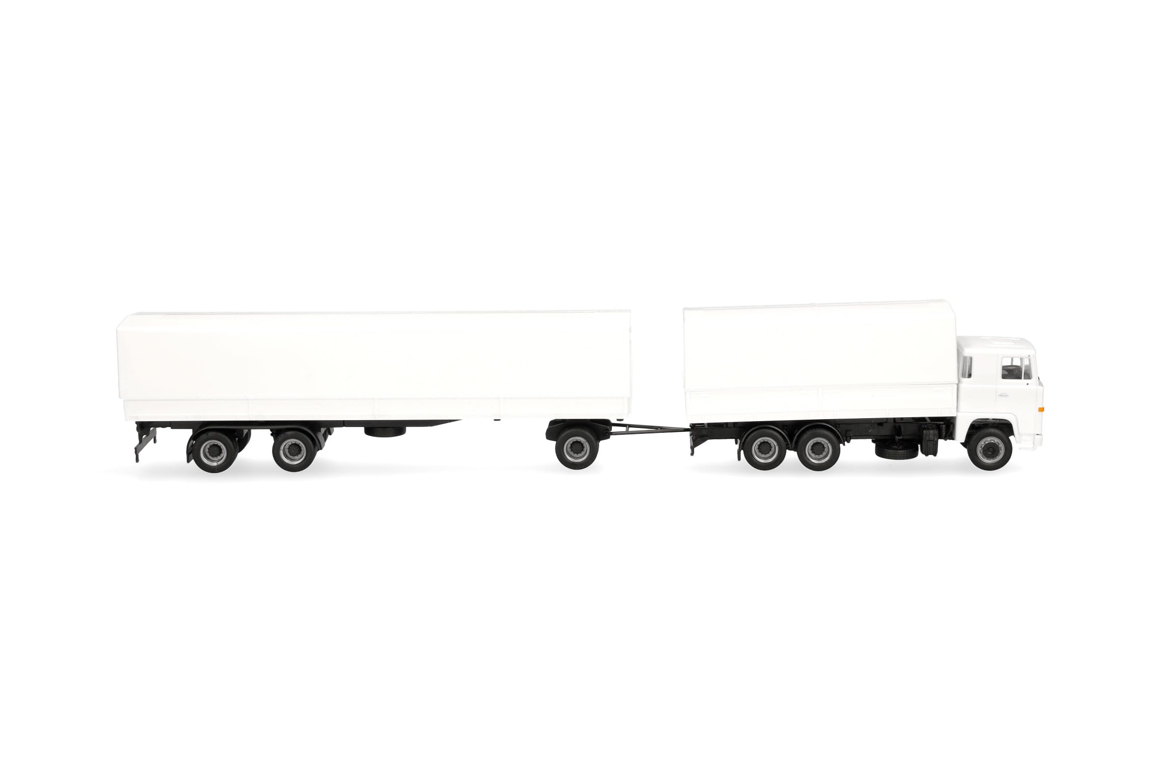 Herpa model ciężarówki Scania 141 zestaw z przyczepą plandekową, biały, miniatura w skali 1:87, model kolekcjonerski, Made in Germany, tworzywo sztuczne
