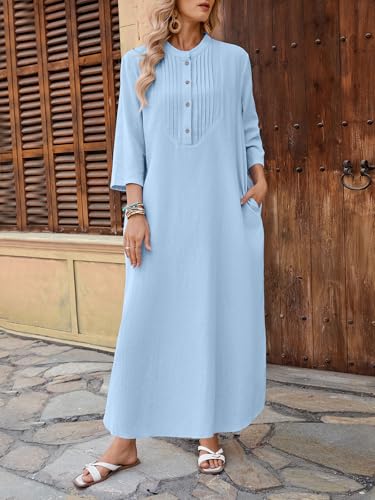 Image of Celmia Autumn Solid Loose Long Maxi Dress Cotton Caftan
