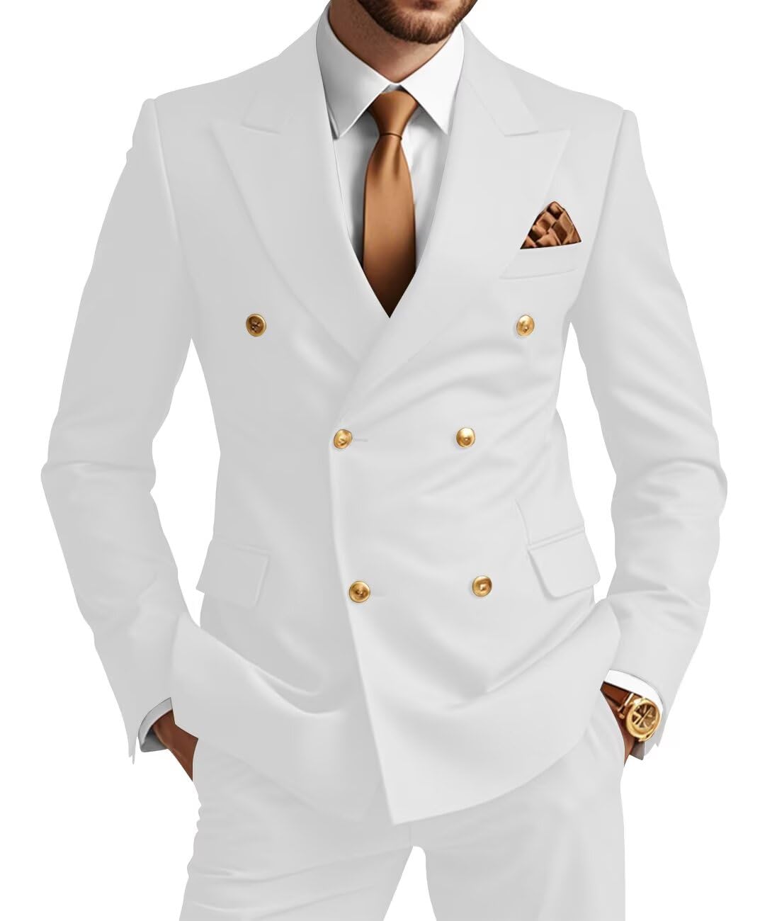 Wangyue Mens Double Breasted Suit 2 Piece Slim Fit Suits for Men Gold Buttons Blazer Pant Set Wedding Prom Formal