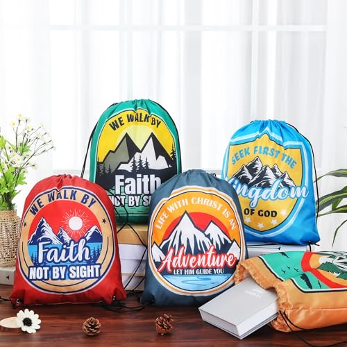 24 Pcs Christian Bags Religious Drawstring Bags Faith Adventure Drawstring Backpacks Bulk Large Religious Gifts for Sunday School Church Graduation Themed Party Favors3