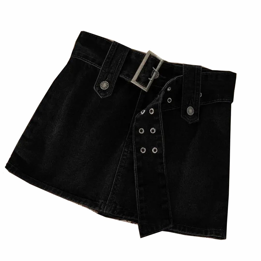 Minigonne in denim vintage da donna tinta unita con cintura gonne casual a trapezio