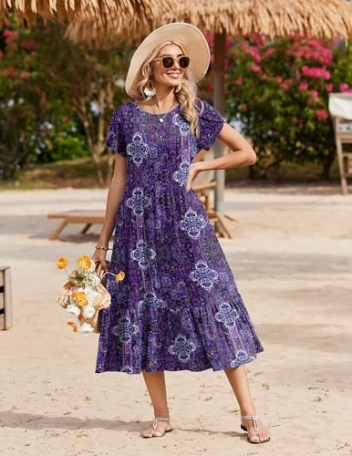 Image of Zeagoo Women Summer Midi A Line Dress Short Sleeve Casual Flowy Tiered Beach Long Sundress with Pockets 2026 Vacation Travel